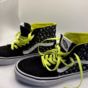 Vans High-Top Sneakers - Black and Neon Yellow Star Design